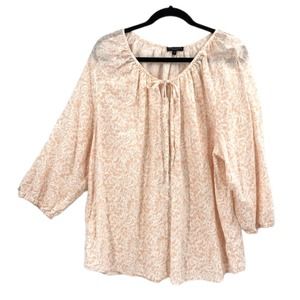 Carole Little 2X Peasant Top Peach Floral Linen Blend Balloon Sleeve Tie Neck